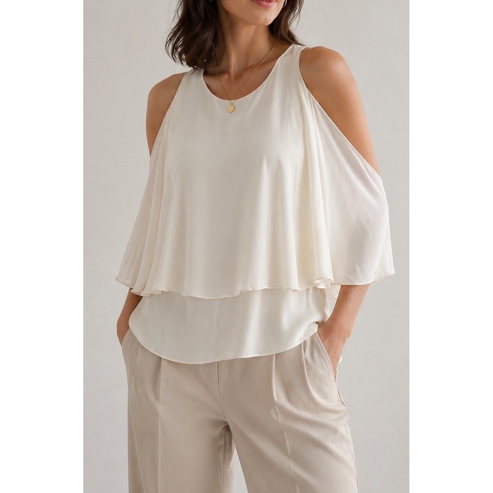 Polo Ralph Lauren Silk Blouse Womens 10‎ Ivory Cape Layer Flowy Elegant Top
